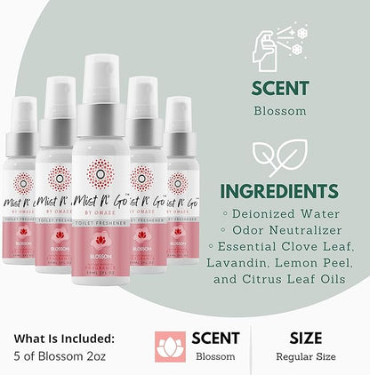 Mist N’ Go by Omaze Travel Bathroom Spray for Toilet Spray Odor Eliminator - Travel Toilet Spray for Bathroom Air Freshener Spray for Bathroom Deodorizer - Blossom Regular Size (2oz x5)