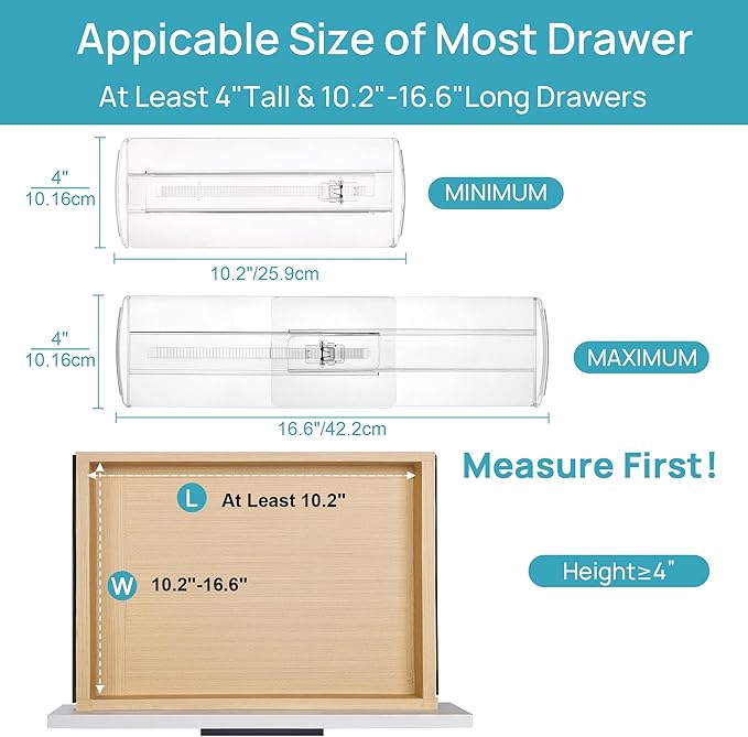 Vtopmart 8 Pack Drawer Dividers for Clothes, 4" High 10.2"-16.6" Adjustable Expandable Dresser Drawer Organizer, Clear Plastic Separators for Dresser, Baby Clothing, Underwear, Cosmetic, Toiletries