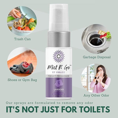 Mist N’ Go by Omaze Travel Bathroom Spray for Toilet Spray Odor Eliminator - Travel Toilet Spray for Bathroom Air Freshener Spray for Bathroom Deodorizer - Lavender Travel Size (1oz x2)