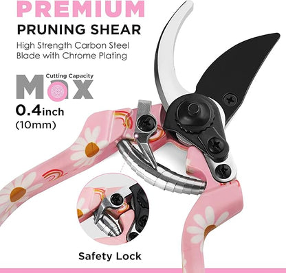 WORKPRO Aluminum Garden Tool Set, 4PCS Heavy Duty Gardening Tools with Box Include Trowel, Rake, Pruner, Gloves, Pink, Garden Gifts-Pink Ribbon