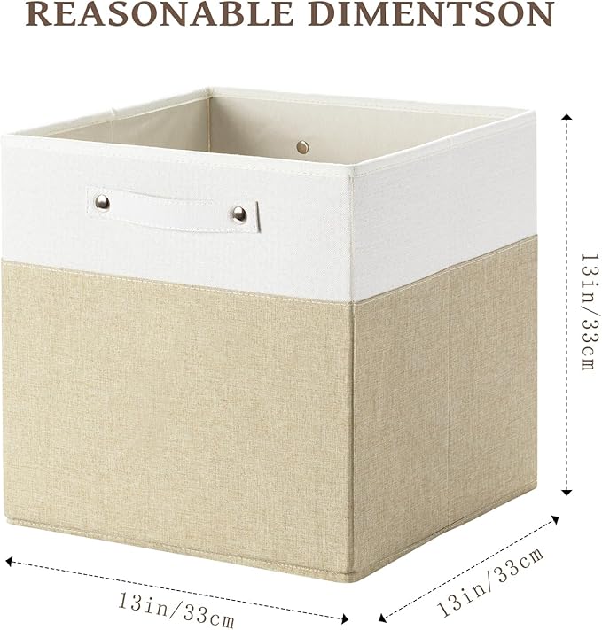 13 x 13 Inch Fine Linen Storage Bins with Handles，Fabric Cube Boxs，Collapsible Basket Organizers for Shelves for Home, Closet Drawers (White/Khaki-6 Pack)