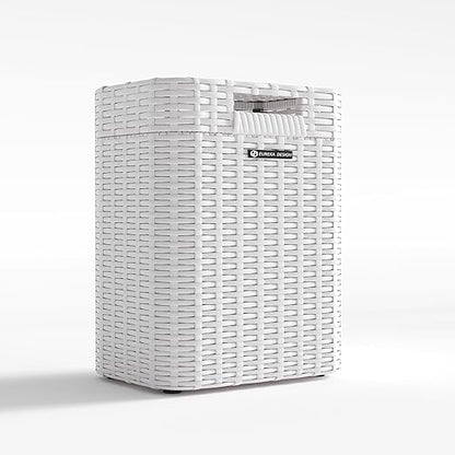 Ypati Handwoven 4 Gallon Rattan Trash Can with Lid, Boho Style Decorative Indoor and Outdoor Trash Bin with Shelf, Waste Basket for Bathroom, Patio, Study, with Trash Bags, Porcelain White, Eureka