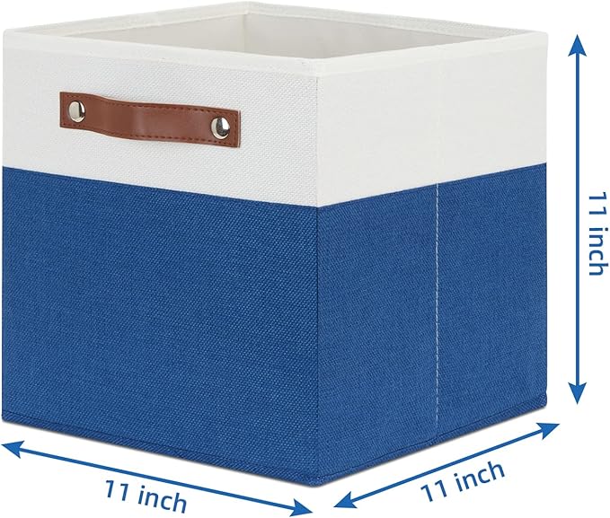 Temary 11 Storage Cube Bins for Shelves, Closet - 4 Pack Fabric Baskets With Leather Handles (White & Blue)