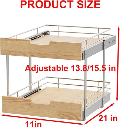 Pull Out Cabinet Organizer,Heavy-Duty Slide Out Shelf, Wood and Wire Basket, Pull Out Drawer for for Kitchen Under Sink Space, Pantry, Bathroom, 2 Tie 11 * 21 in