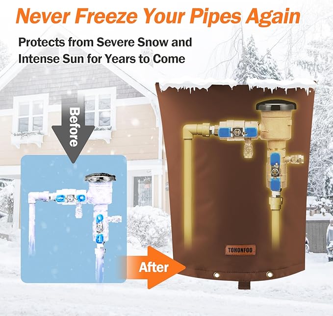 TOHONFOO Backflow Preventer Pipe Insulation Cover (5°F) - Irrigation Sprinkler Valve Insulated Pouch - Water Well Pump Cover - Sturdy 5 Layers for Winter Freeze Protection, 16" W x 20" H, Brown