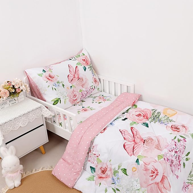 4 Piece Toddler Bedding Set for Girls, Butterfly Toddler Comforter Set, Ultra Soft Toddler Bed Set Includes Comforter, Flat Sheet, Fitted Sheet, Pillowcase (Pink Floral & Butterfly Pattern)