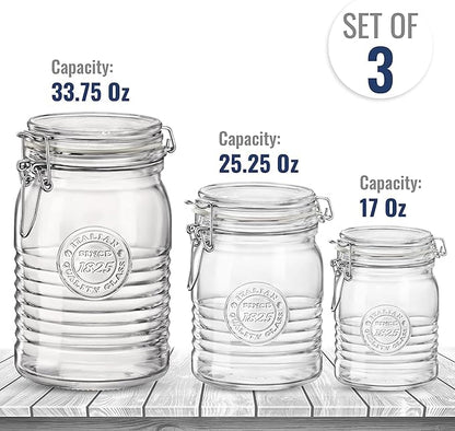 Bormioli Rocco Officina 1825, Set of 3 - Clear Glass Jars with Swing Top - Vintage Industrial Style Airtight Containers for Dry Food Storage, 33.75 Oz, 25.25 Oz, 17 Oz - Dishwasher Safe, Made in Italy