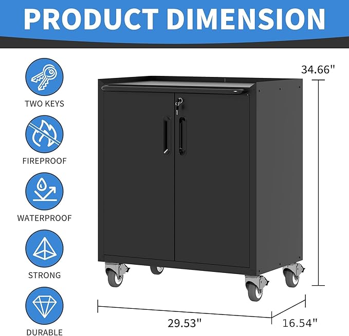 Metal Storage Cabinet with Wheels, Lockable Garage Cabinet with Doors and Shelves, Rolling Tool Storage, Assembly Required, Black