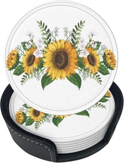 6 Pcs Sunflower Floral Leather Coasters