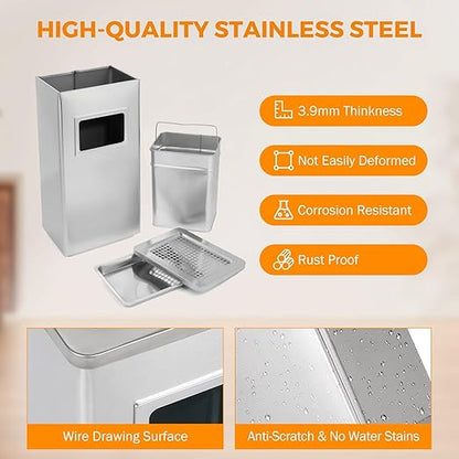 BEAMNOVA Trash Can Indoor Outdoor Metal Stainless Steel Commercial Garbage Can Industrial Garbage Enclosure Inside Cabinet with Lid Waste Container, Color Metallic, 31*25*61 cm / 12.2*9.8*24 in