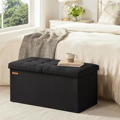 HAUSFRAU - 30 Inches Storage Ottoman Bench with Flipping Lid, Foldable Storage Chest Foot Rest for Living Room, Bedroom, Entryway, Load 660 lb, Linen Black