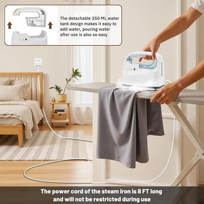 Mini Steamer＆Iron 2 in 1 Garment Steamer, Portable Travel Size Steam Iron for Clothes,1000W, 3 Mode Ironing, 250ML Detachable Water Tank, 8FT Power Cord, Leak Proof Design
