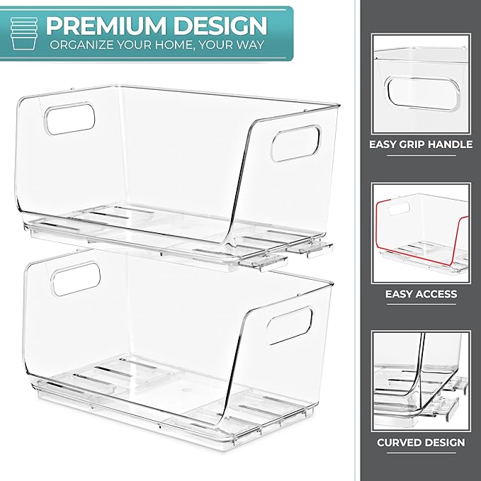 Sorbus Stackable Storage Bins Open Front - Clear Stackable Storage Bins - Pantry Bins for Storage and Organization - Acrylic Stackable Bins for Kitchen - Clear Pantry Organizer Bins (Small 4 Pack)