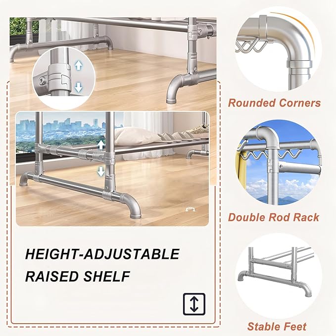 Clothes Drying Rack with Windproof Hooks, 63 inch Drying Rack Clothing Indoor Outdoor, Free Standing Metal Clothes Rack