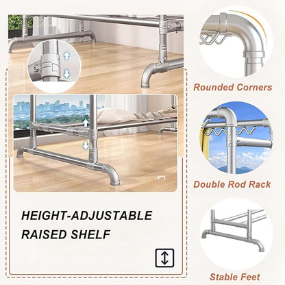 Clothes Drying Rack with Windproof Hooks, 63 inch Drying Rack Clothing Indoor Outdoor, Free Standing Metal Clothes Rack