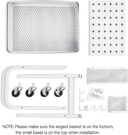TOOLF 3-Tier Rolling Cart, Metal Utility Storage Cart with DIY Pegboards, Art Craft Trolley with Baskets Hooks, Serving Organizer Easy Assemble for Office, Home, Kitchen, Classroom (White)