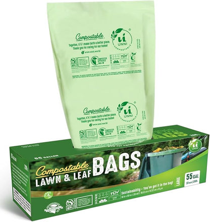 UNNI Compostable Trash Bags, 44-55 Gallon / 208 Liter, 10 Count, Extra Thick 1.38 mil Large Bin Liners for Commercial & Yard Waste, BPI, CMA & OK compost HOME Certified (Meets ASTM D6400)