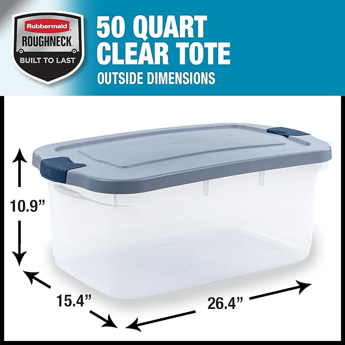 Rubbermaid Roughneck Clear 50 Qt/12 Gal Storage Containers, Pack of 5 with Latching Grey Lids, Visible Base, Sturdy and Stackable, Great for Storage and Organization