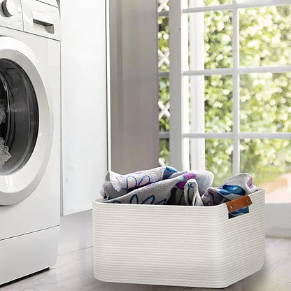 Large Collapsible Laundry Basket, Clothes Hamper for Blanket, Toy, Towels, Woven Baskets for Storage, Nursery Home Decor Living room 21.6" x 15" x 11.8" White