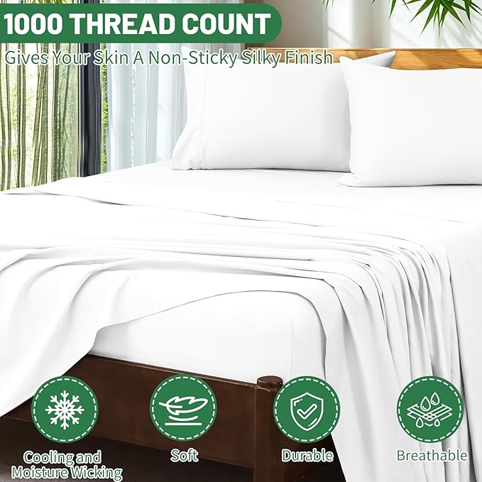 Extra Deep Pocket Queen Sheets 18-24 Inch 100% Egyptian Cotton 1000 Thread Count Sateen Weave Soft Breathable 4 Pieces（Queen,White）