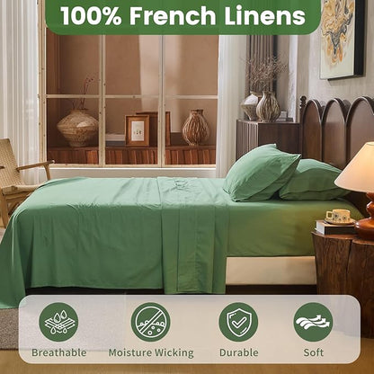 100% Linen Sheets King Size,Breathable & Durable 4-Piece Bed Flax Sheet Set,Soft All-Season Bedding for Hot Sleepers 16" Deep Pocket Oeko-TEX Certified,（King, Sage Green）