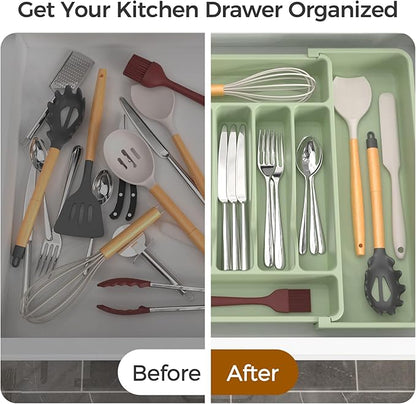 Extra Large Expandable Silverware Organizer, BPA-Free Food-Safe Cutlery Flatware Organizer, Kitchen Utensil Drawer Organizer, Adjustable Silverware Holder for Spoons Forks Knives, Green