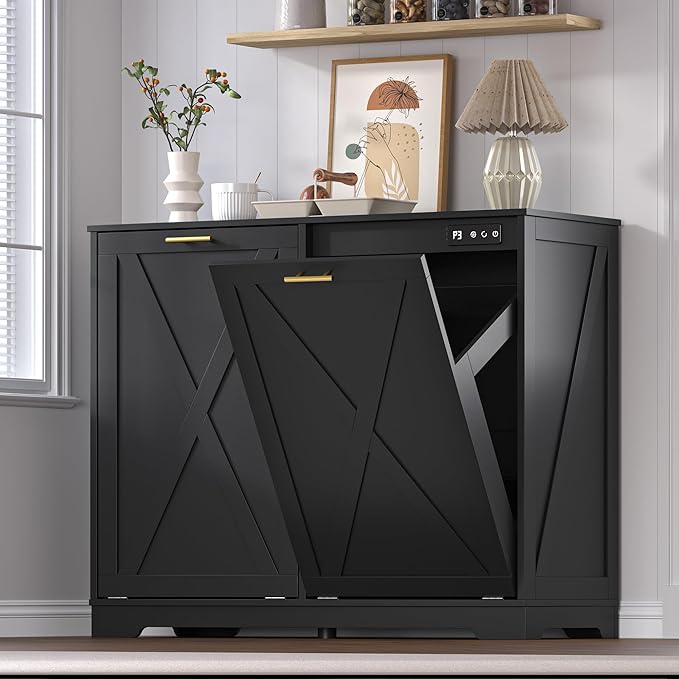 Tilt Out Trash Can Cabinet for 2 Bins, Hidden Recycle Garbage Bin Enclosure, Wooden Double Laundry Cabinet with Odor Control, Negative Ion & Ozone, for Kitchen, Bathroom, Laundry Room