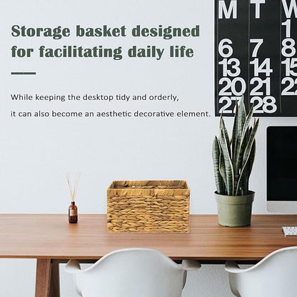 Rectangular Storage Basket 2PCS Water Hyacinth Baskets,Hand-Woven Baskets with Handles,12.99x7.08x8.26″for Living Bedroom Organizing Shelves