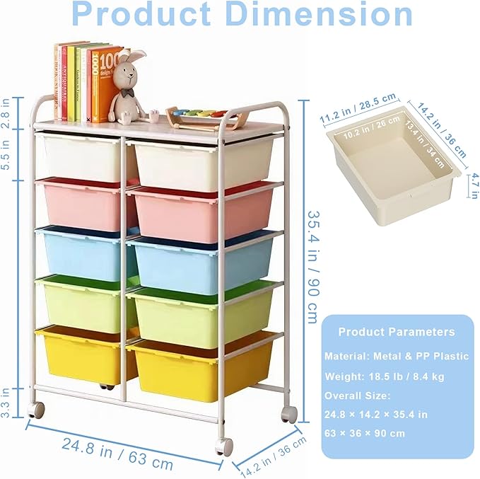 10 Drawers Rolling Storage Cart, Plastic Drawer Cart with Metal Frame, Multipurpose Art Craft Cart Organizer with Wheels, Utility Cart with Drawers for Home, Office, School, Multicolor