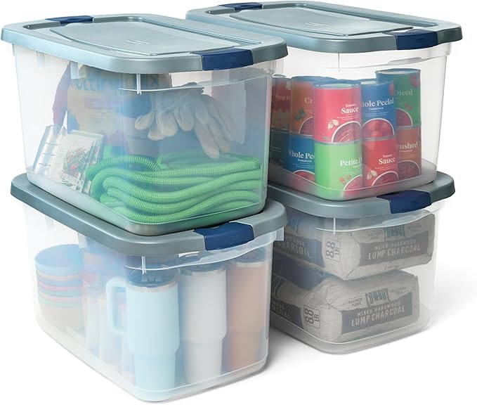 Rubbermaid Roughneck Clear 66 Qt/16.5 Gal Storage Containers, Pack of 4 with Latching Grey Lids, Visible Base, Sturdy and Stackable, Great for Storage and Organization