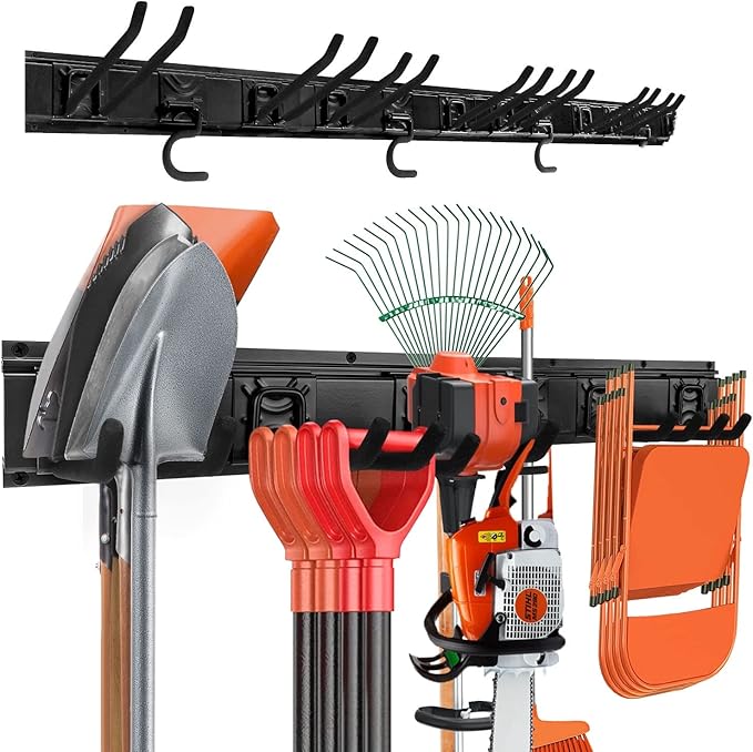 Garden Tool Rack Set, Garage Wall Organization Hanger with 3 Mop Holder and 6 Multi-Purpose Hooks, Garden Yard Shovels Rakes for String Hedge Trimmer Brooms Hoses Folding Chairs ladders, and More