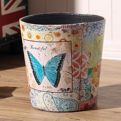 PU Leather Small Trash Can Wastebasket, Round Garbage Container Basket for Bathrooms, Laundry Room, Kitchens, Offices, Kids Rooms, Bedrooms,Dorms,Home Decorative Art Bin, 2.9 Gallon(Blue Butterfly)