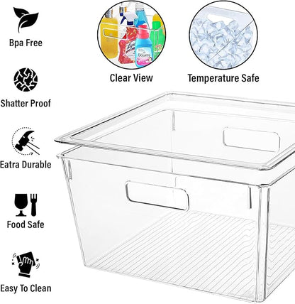 Extra Large Stackable Clear Plastic Storage Bins with Lids, Perfect for Kitchen Organization or Pantry Organization and Storage, Fridge Organizer Bins for Organizing, Under the Sink Organizers