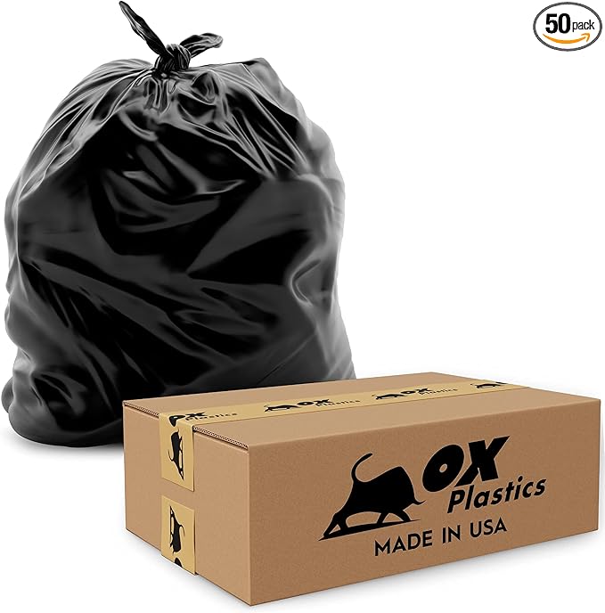Ox Plastics Trash Can Liners Bags - Extra Heavy Duty Strength - Large Garbage, Leak-Proof & Durable, House & Commercial Use Bags (50) - Black (4 Mil, 60 Gallon)