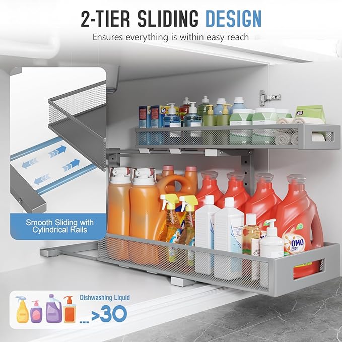 2 Pack 20.47IN Depth Under Sink Storage Organizer, Large 2-Tier Elegant Mesh Pull Out Shelf for Kitchen and Bathroom Cabinet Organization, L-Shaped and Adjustable Height Design-Gun Gray