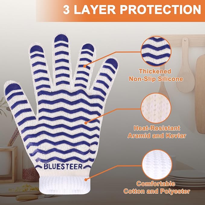 Oven Gloves 932°F Heat Resistant Oven Mitts with Fingers, Heat Proof BBQ Grill Gloves Silicone Grip Fireproof Gloves for Kitchen Cooking Grilling Baking