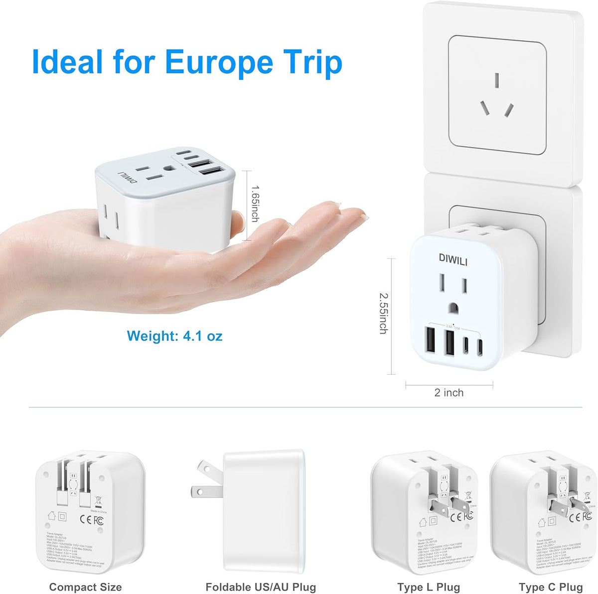 Australia Travel Plug Adapter, Foldable Power Adapter with 4 USB(2 USB C Port) and 2 Outlets Charger, 2 in 1 Type A/I Travel Adapter for US to Japan Canada Mexico AU Argentina Fiji(1 Pack)