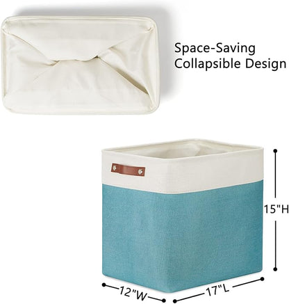 DULLEMELO Large Collapsible Storage Basket/Bin with Sturdy Leather Handles, Fabric Organizer Bin for Storage Clothes, Toys, Books, Office, Bedroom, Closet, Nursery & Laundry (White&Teal)