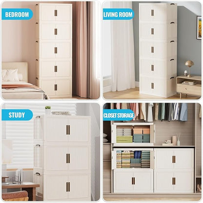 520QT/130GAL Stackable Storage Bins with 1 lid Storage Closet Organizers and Drawer Foldable Storage Bins Container with door Collapsible Storage Box for Home Office Dorm Room(104Qt X 5),White
