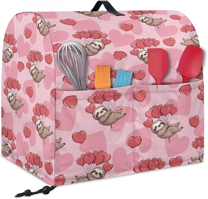 Funny Sloth with Hearts Mixer Cover Stand Mixer Dust Proof Covers with Handle and Front Pockets Kitchen Aid Mixer Cover for 6-8 Qt Mixer,Kitchen Coffee Maker Toaster Machine Dust Cover
