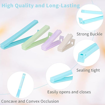 34 Packs Plastic Chip Clips for Food Storage - Resealable Sealing Clips in 4 Sizes (2.4"/3.2"/4.3"/5.5") - Light Colors