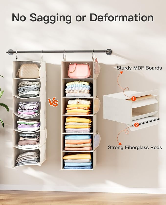 Pipishell Hanging Closet Organizer 6-Shelf, Hanging Shelves for Closet with 3 Removable Drawers & Side Pockets, Hanging Shelf Organizer for Bedroom or Garment Rack, 12'' x 12'' x 43.3'', White