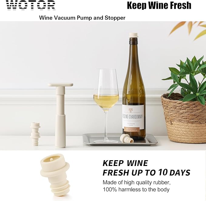 WOTOR Wine Saver Vacuum Pump with 4 Stoppers, Wine Stopper & Preserver, Reusable Bottle Sealer Keeps Fresh, Ideal Accessories Gift, Flat Handle (Cream)