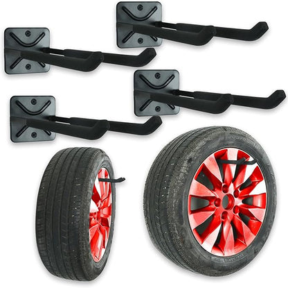 Heavy Duty Garage Tires Hooks Wall Mounted Hanger Tool Organizer Rack Hardware Steel Metal Multi-Tools Storage Utility Hooks with Screws and Anchors(4, Black)