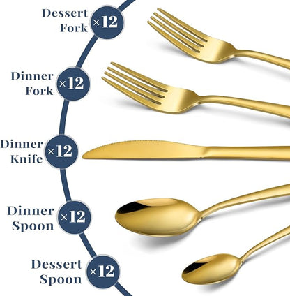 Hunnycook 60-Piece Gold Silverware Set