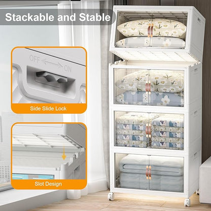 Extra Large Stackable Storage Bins with Lids & Wheels & Door, 640QT-160QT/40GAL*4Pack Foldable Collapsible Closet Organizers, Plastic Containers Drawers for Bedroom Dorm Garage Sturdy MAX
