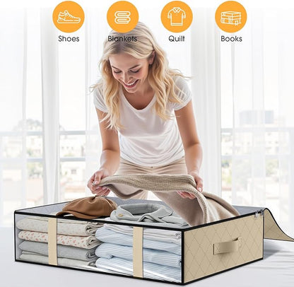 StorageRight Under Bed Storage Bins, 8-Pack 40L Foldable Fabric Storage Bags with Transparent Window, Breathable Organizer for Clothes/Blanket/Comforter/Quilts,Beige