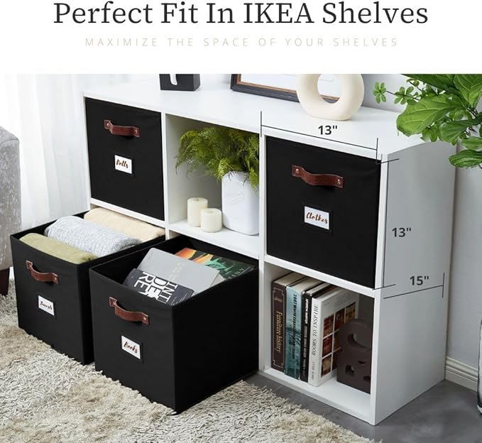 DECOMOMO Storage Baskets, 13x15x13 Storage Cube Bins with Labels for Organizing Shelves Kallax (Kallax / 4pcs, Black)