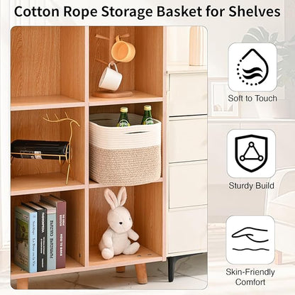 Woven Cotton Rope Storage Basket for Organizing, Cute Decorative Baskets for Gifts Empty, Organizer Bins for Dog Toy, Baby Laundry, 15“×11”×9.5“, Off White & Brown