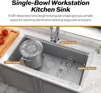 32 Inch Workstation Kitchen Sink, TECASA Undermount Deep Single Bowl, Stainless Steel with Integrated Ledge and Accessories, World-Class Manufacturing Standard (32" x 18" x 10")